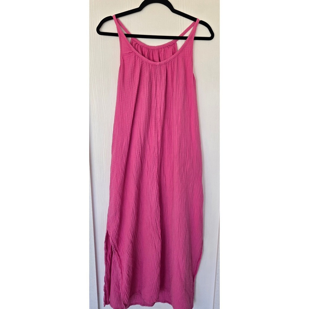 Pink 100% Cotton Seersucker Sleeveless Maxi Dress Size M Vacation Coastal Beach